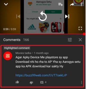 YouTube comment promoting malicious App using the name of Aarogya Setu