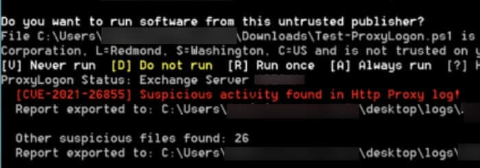 The script analyses Exchange and IIS logs, indicating potential attacker activity.