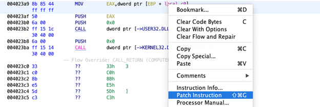 right-clicking the MOV instruction and selecting Patch Instruction: