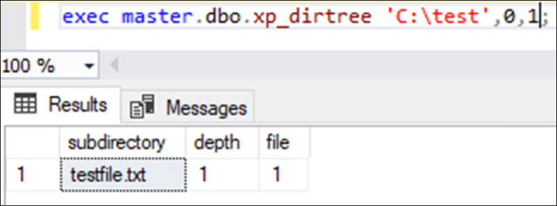An example of what is returned when the xp_dirtree procedure is called via SQL Server Management Studio against a local directory created for testing purposes.