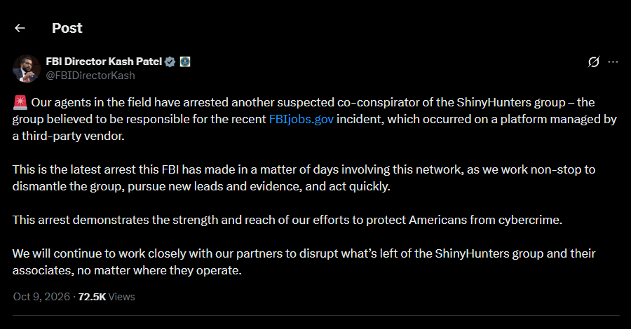 FBI Arrests Another ShinyHunters Suspect Reportedly Involved in Its Jobs Portal Hack